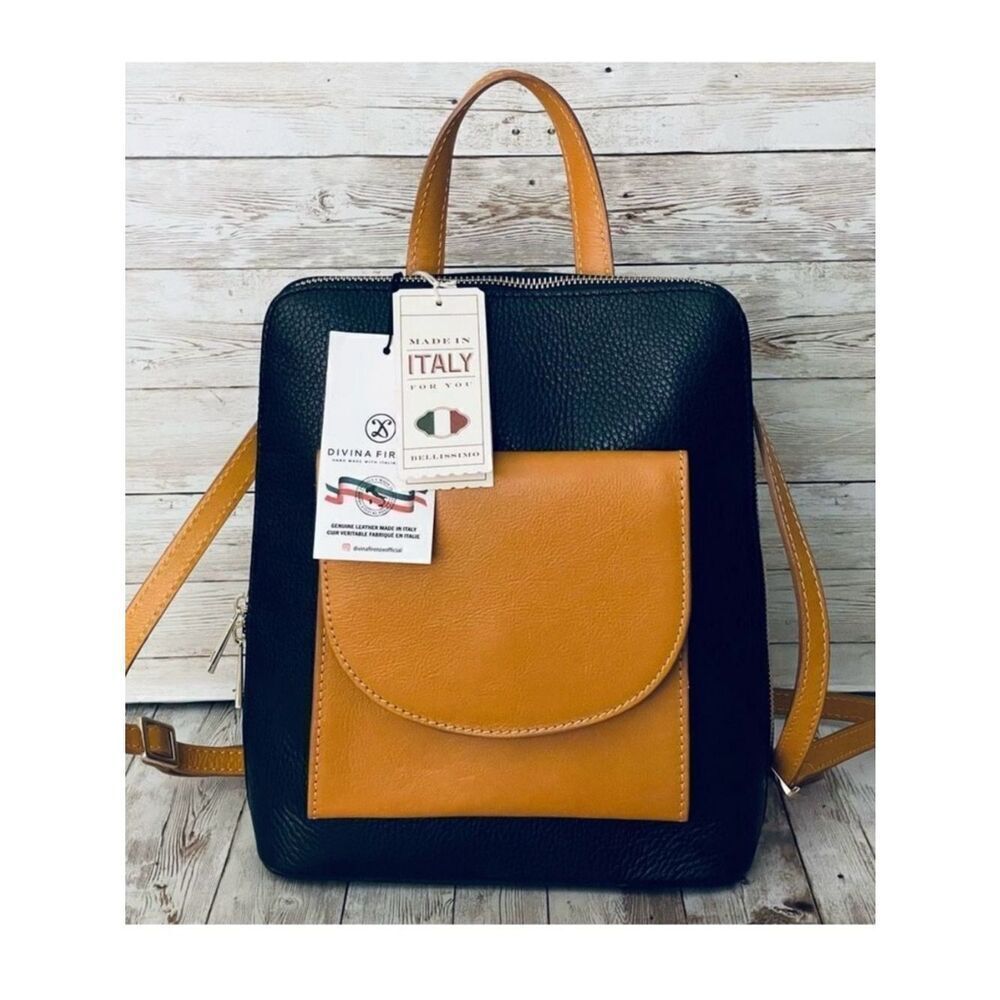 NWT DIVINA FIRENZE Black Tan Pebbled Italian Leather Convertible Backpack Bag